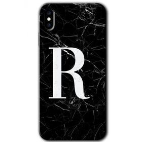 Apple iPhone X Siyah Mermer Desenli R Harfi Baskılı Uyumlu Silikon Kılıf