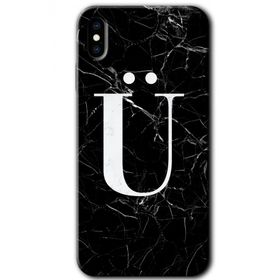 Apple iPhone X Siyah Mermer Desenli Ü Harfi Baskılı Uyumlu Silikon Kılıf