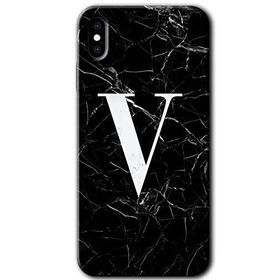 Apple iPhone X Siyah Mermer Desenli V Harfi Baskılı Uyumlu Silikon Kılıf