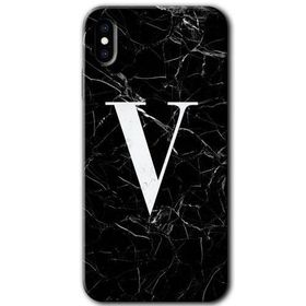 Apple iPhone X Siyah Mermer Desenli V Harfi Baskılı Uyumlu Silikon Kılıf