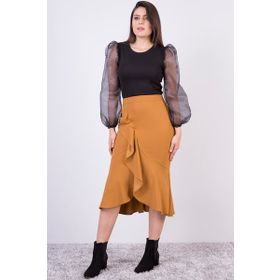 Apsen 2123/80 Hardal Mevsimlik Volanlı Midi Boy Krep Kadın Etek