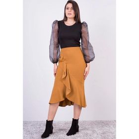 Apsen 2123/80 Hardal Mevsimlik Volanlı Midi Boy Krep Kadın Etek