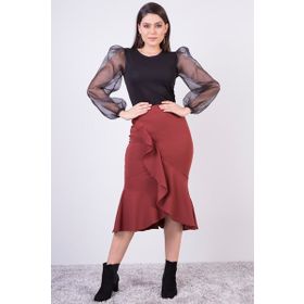 Apsen 2123/80 Tarçın Mevsimlik Volanlı Midi Krep Kadın Etek