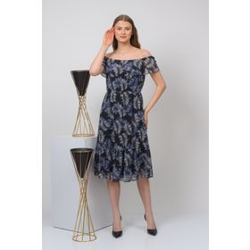Apsen 4448/115 Siyah Desenli Madonna Yaka Midi Şifon Kadın Elbise
