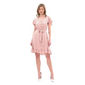 Apsen Textile 4217-95 Kolu Volanlı Düğme Detaylı Yazlık Bej Kadın Kısa Elbise