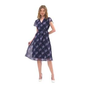 Apsen Textile 4300-100 Bağlama Detaylı Kruvaze Yaka Midi Desenli Lacivert Kadın Şifon Elbise