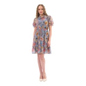 Apsen Textile 4432-100 Fırfırlı Bağlamalı Yaka Gri Kadın Midi Şifon Elbise