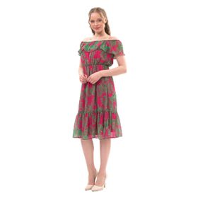 Apsen Textile 4448-115 Desenli Madonna Yaka Fuşya Kadın Midi Şifon Elbise