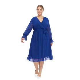 Apsen Textile 4450-110 Kruvaze Yaka Kuşaklı Büyük Beden Uzun Kol Midi Saks Kadın Şifon Elbise