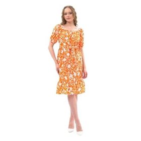 Apsen Textile 4473-105 Kayık Yaka Büzgülü Volan Detaylı Turuncu Kadın Midi Elbise