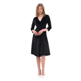 Apsen Textile 4484-110 Kruvaze Yaka Kadife Siyah Kadın Midi Elbise