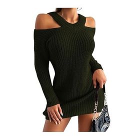 AQE Fashion Omuzu Açık Uzun Kollu Midi Boy Tam Kalıp Haki Kadın Triko Elbise