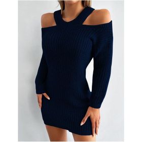 AQE Fashion Omuzu Açık Uzun Kollu Midi Boy Tam Kalıp Lacivert Triko Kadın Elbise