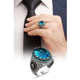 Aqua Mavisi Taşlı Gümüş Erkek Yüzük