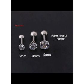 Ares Collection 316L Cerrahi Zirkon Tek Taş Tragus Helix Conch Kıkırdak Lobe Uyumlu 4 mm Gümüş Piercing