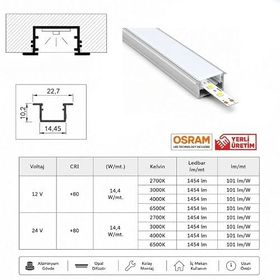 Argeled 12V 3000K 100 cm Mutfak Dolabı ve Tezgah Altı Gömme Led Armatür