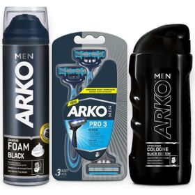 Arko Men Black 200 ml Köpük + Men T3 3'lü Tıraş Bıçağı + Black 200 ml Tıraş Kolonyası
