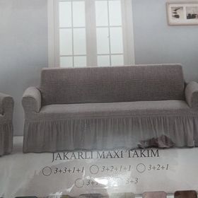 Arlisa 3+3+1+1 Naturel Jakarlı Kare Çizgili Etekli Maksi Koltuk Örtüsü