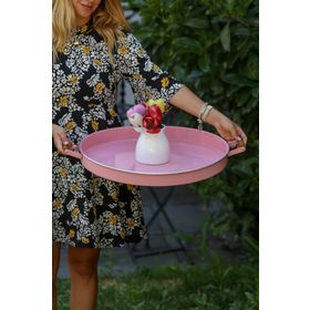 Arma House 51 cm Country Tarzı Gri Kenarlı Pembe Büyük Boy Tepsi