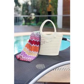 Arma House Bej Rengi Örgü Desenli Küçük Boy Plastik Kadın Plaj Çantası
