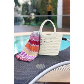 Arma House Bej Rengi Örgü Desenli Küçük Boy Plastik Kadın Plaj Çantası