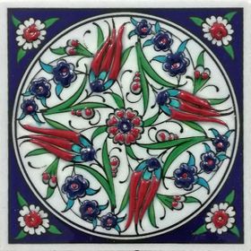 Armada Çini ED 108 Dört Lale Desenli El Dekoru 10x10 cm Çini Pano