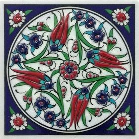 Armada Çini ED 108 Dört Lale Desenli El Dekoru 10x10 cm Çini Pano