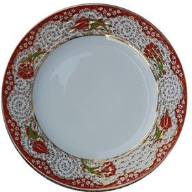Armada Çini PRT 54 25 cm Kırmızı Altın Yaldızlı Lale Karanfil Kaligrafi Çini Tabak
