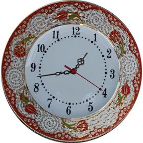 Armada Çini Prt 69 25 cm Kırmızı Altın Yaldızlı Lale Karanfil Desenli Porselen Çini Saat