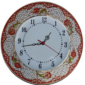 Armada Çini Prt 69 25 cm Kırmızı Altın Yaldızlı Lale Karanfil Desenli Porselen Çini Saat