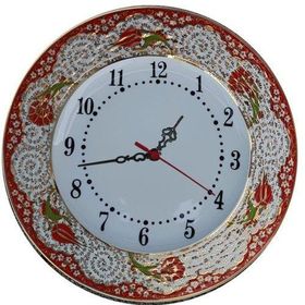 Armada Çini Prt 69 25 cm Kırmızı Altın Yaldızlı Lale Karanfil Desenli Porselen Çini Saat