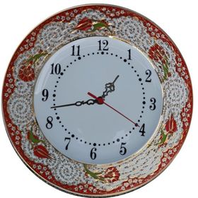 Armada Çini Prt 69 25 cm Kırmızı Altın Yaldızlı Lale Karanfil Desenli Porselen Çini Saat
