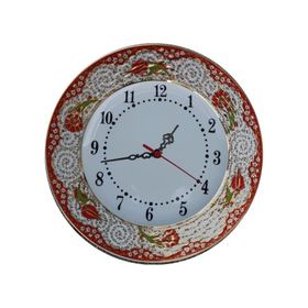 Armada Çini Prt 69 25 cm Kırmızı Altın Yaldızlı Lale Karanfil Desenli Porselen Çini Saat