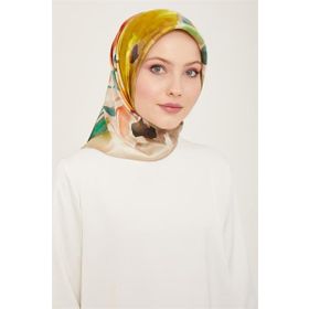 Armine 9103-32 Bej Batik Çiçek Desenli Tivil İpek Eşarp
