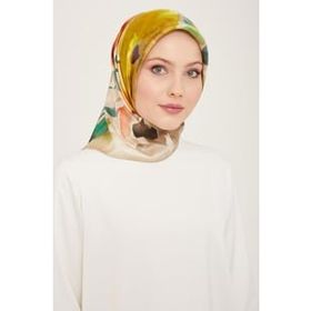 Armine 9103-32 Bej Batik Çiçek Desenli Tivil İpek Eşarp