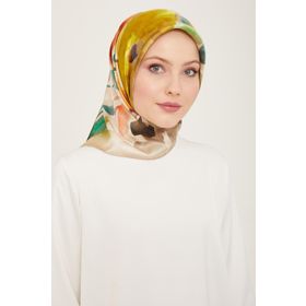 Armine 9103-32 Bej Batik Çiçek Desenli Tivil İpek Eşarp
