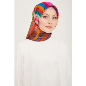 Armine 9107-01 Mor-Bej Çizgi Desen Tivil İpek Eşarp