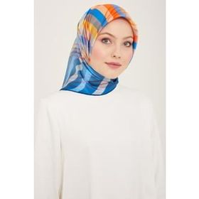 Armine 9107-06 Mavi-Turuncu Çizgi Desen Tivil İpek Eşarp