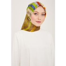 Armine 9107-36 Soft Yeşil-Turuncu Çizgi Desen Tivil İpek Eşarp