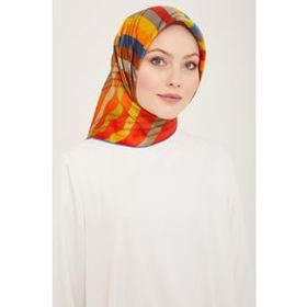 Armine 9107-53 Kahverengi-Kırmızı Çizgi Desen Tivil İpek Eşarp