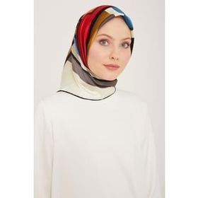 Armine 9122-34 Antrasit Gri-Kırmızı Geometrik Desen Tivil İpek Eşarp