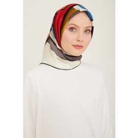 Armine 9122-34 Antrasit Gri-Kırmızı Geometrik Desen Tivil İpek Eşarp