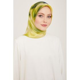 Armine 9124-80 Yağ Yeşili-Turkuaz Geçişli Çiçek Desen Tivil İpek Eşarp