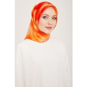 Armine 9124-86 Turuncu-Soğan Kabuğu Geçişli Çiçek Desen Tivil İpek Eşarp