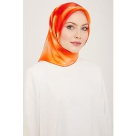 Armine 9124-86 Turuncu-Soğan Kabuğu Geçişli Çiçek Desen Tivil İpek Eşarp