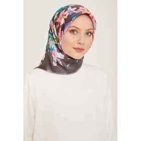 Armine 9127-51 Nar Çiçeği-Antrasit Gri Çiçek Desen Tivil İpek Eşarp