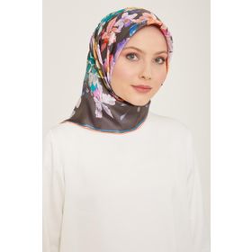 Armine 9127-51 Nar Çiçeği-Antrasit Gri Çiçek Desen Tivil İpek Eşarp