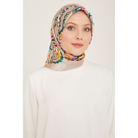 Armine 9130-33 Taş Rengi-Turuncu Etnik Desen Tivil İpek Eşarp