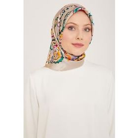 Armine 9130-33 Taş Rengi-Turuncu Etnik Desen Tivil İpek Eşarp