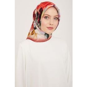 Armine 9133-01 Gül Kurusu-Turuncu Çiçek Desen Tivil İpek Eşarp